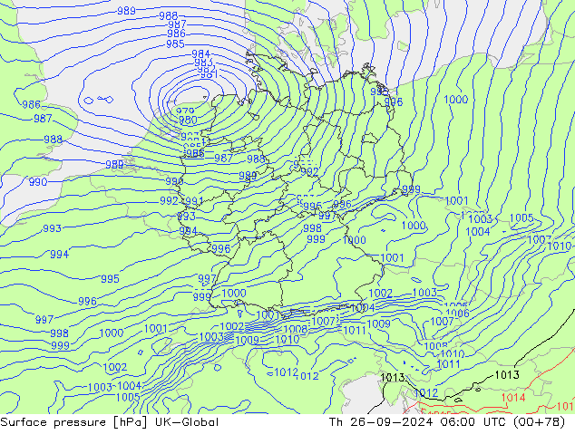 Pressione al suolo UK-Global gio 26.09.2024 06 UTC