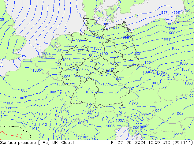 Surface pressure UK-Global Fr 27.09.2024 15 UTC