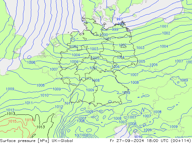 Surface pressure UK-Global Fr 27.09.2024 18 UTC