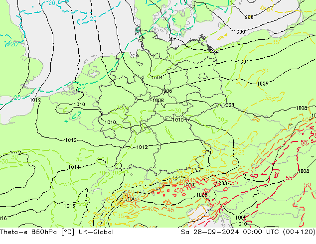 Theta-e 850hPa UK-Global sáb 28.09.2024 00 UTC