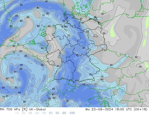 RH 700 hPa UK-Global pon. 23.09.2024 18 UTC