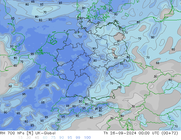 Humidité rel. 700 hPa UK-Global jeu 26.09.2024 00 UTC