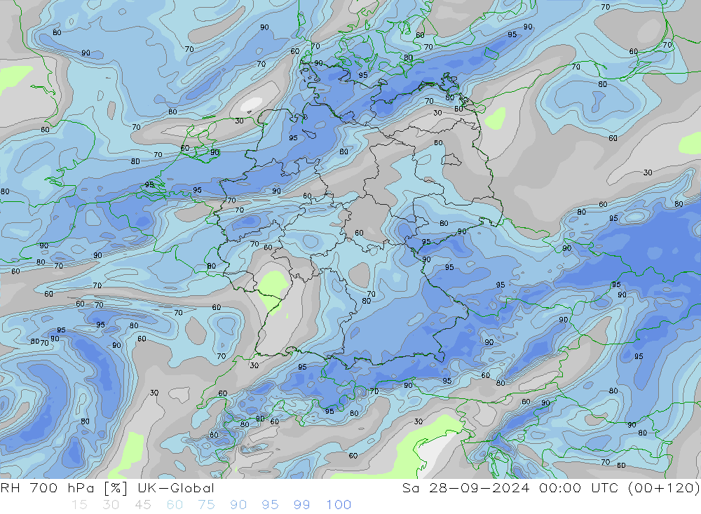 Humedad rel. 700hPa UK-Global sáb 28.09.2024 00 UTC