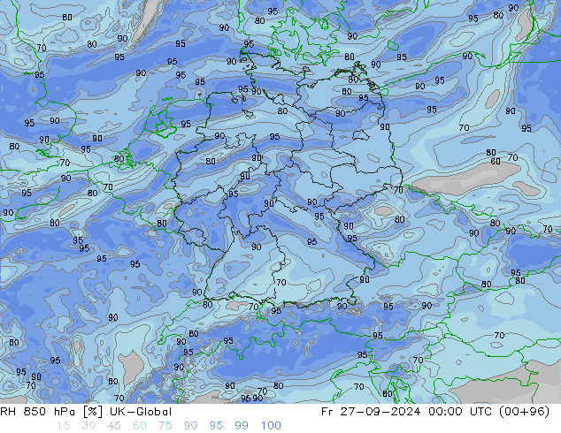 Humidité rel. 850 hPa UK-Global ven 27.09.2024 00 UTC