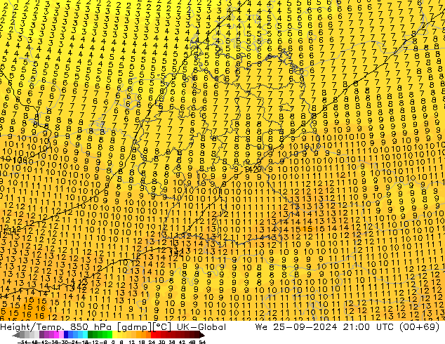 Height/Temp. 850 hPa UK-Global We 25.09.2024 21 UTC