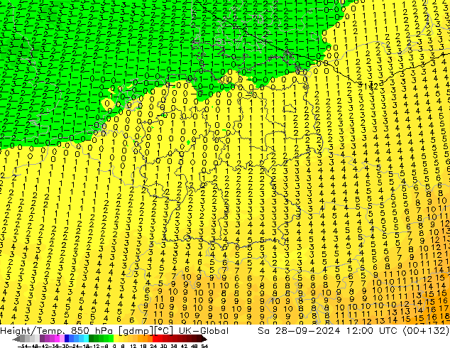 Height/Temp. 850 гПа UK-Global сб 28.09.2024 12 UTC