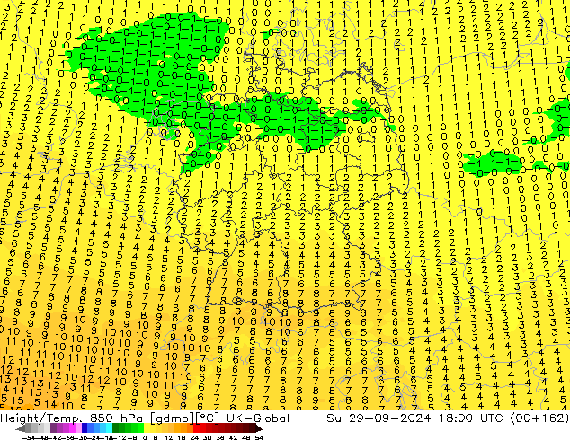 Geop./Temp. 850 hPa UK-Global dom 29.09.2024 18 UTC