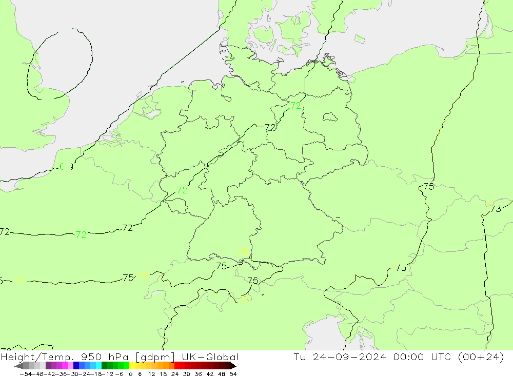 Height/Temp. 950 hPa UK-Global Tu 24.09.2024 00 UTC