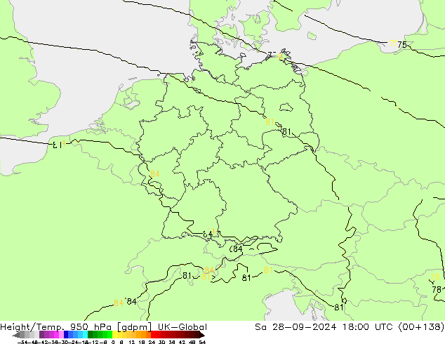 Height/Temp. 950 hPa UK-Global Sáb 28.09.2024 18 UTC