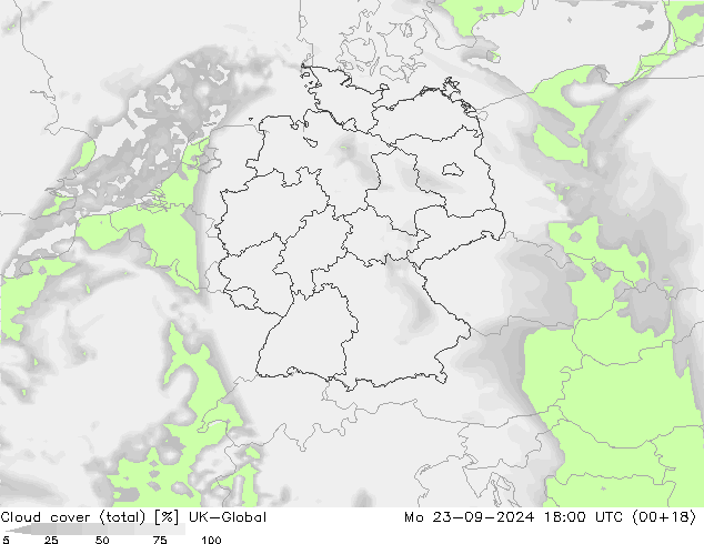 Bewolking (Totaal) UK-Global ma 23.09.2024 18 UTC