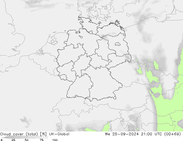 Cloud cover (total) UK-Global We 25.09.2024 21 UTC