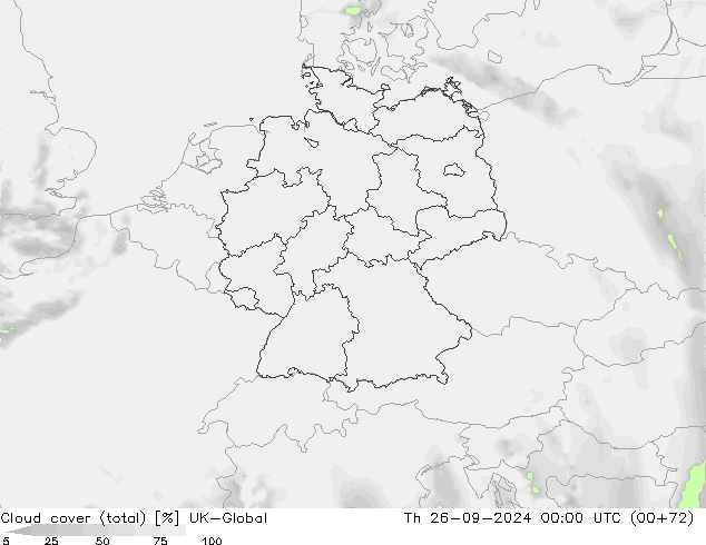 Cloud cover (total) UK-Global Th 26.09.2024 00 UTC