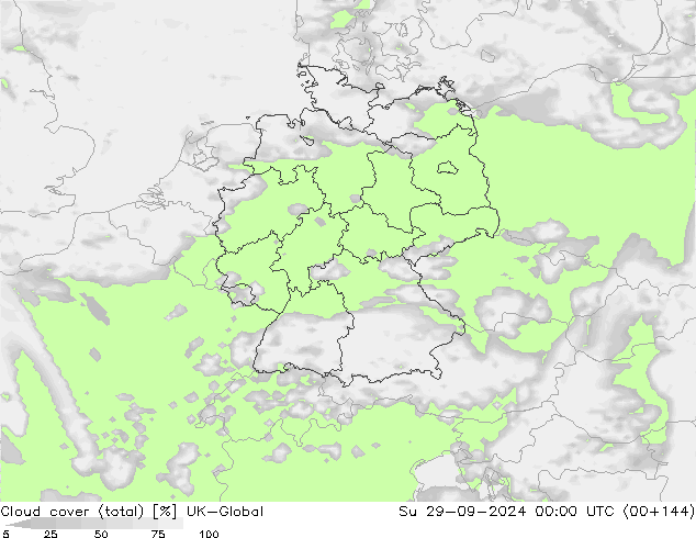 Cloud cover (total) UK-Global Su 29.09.2024 00 UTC