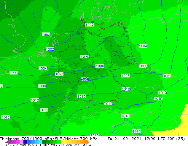 Dikte700-1000 hPa UK-Global di 24.09.2024 12 UTC