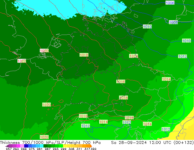 Espesor 700-1000 hPa UK-Global sáb 28.09.2024 12 UTC