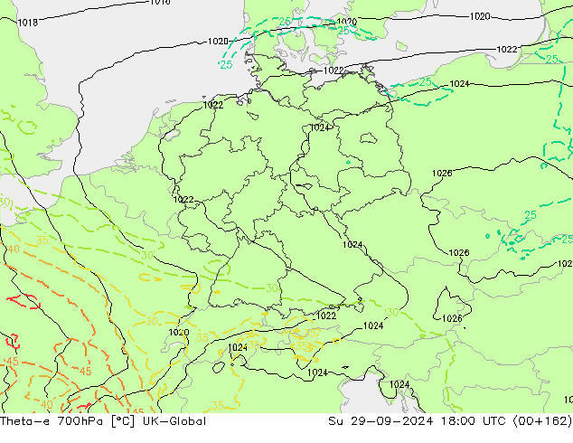 Theta-e 700hPa UK-Global nie. 29.09.2024 18 UTC