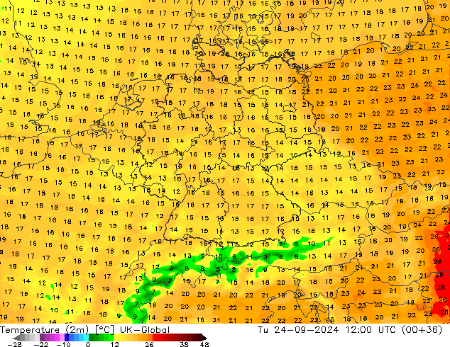 Temperature (2m) UK-Global Tu 24.09.2024 12 UTC