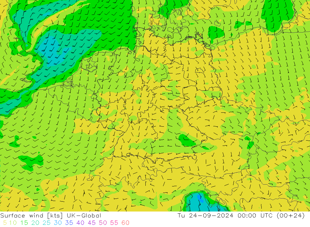 Surface wind UK-Global Út 24.09.2024 00 UTC