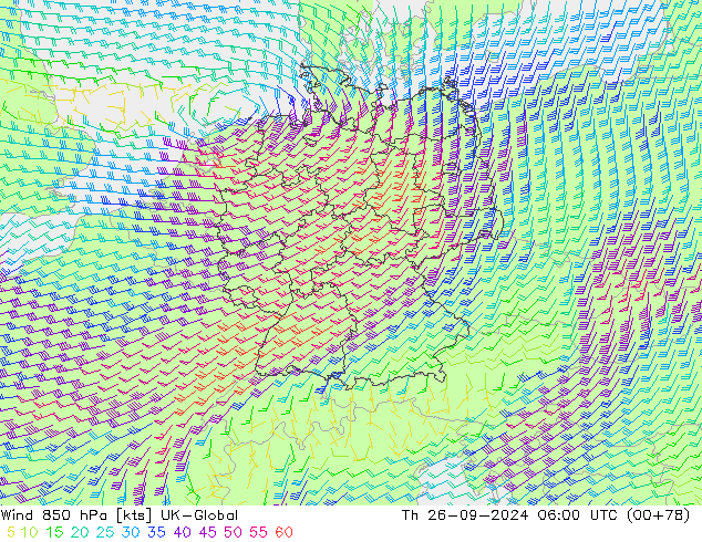 wiatr 850 hPa UK-Global czw. 26.09.2024 06 UTC