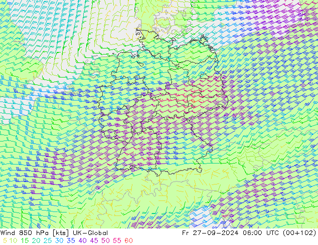 Vent 850 hPa UK-Global ven 27.09.2024 06 UTC