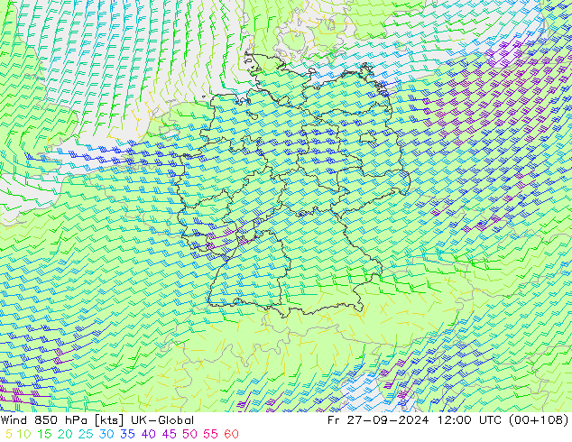 wiatr 850 hPa UK-Global pt. 27.09.2024 12 UTC