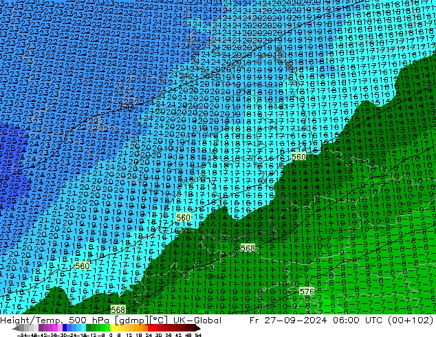 Height/Temp. 500 гПа UK-Global пт 27.09.2024 06 UTC