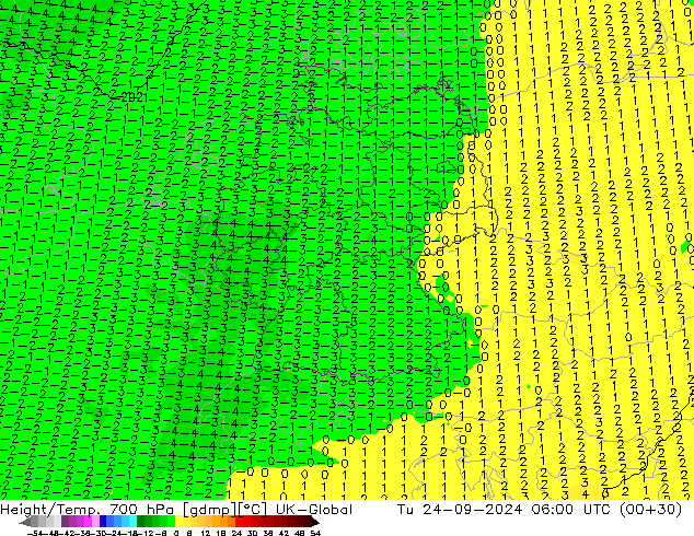 Height/Temp. 700 hPa UK-Global wto. 24.09.2024 06 UTC