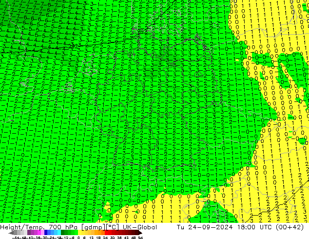 Height/Temp. 700 гПа UK-Global вт 24.09.2024 18 UTC