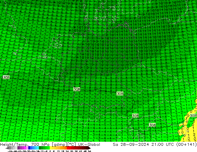 Height/Temp. 700 hPa UK-Global Sáb 28.09.2024 21 UTC