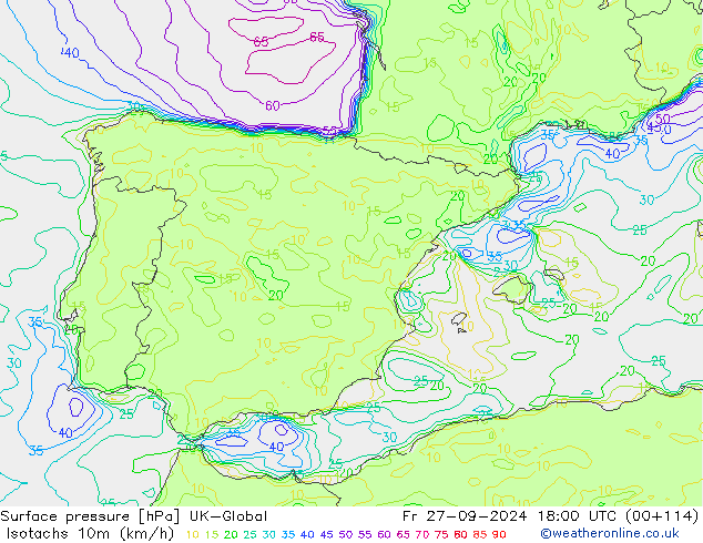 Isotachs (kph) UK-Global Fr 27.09.2024 18 UTC