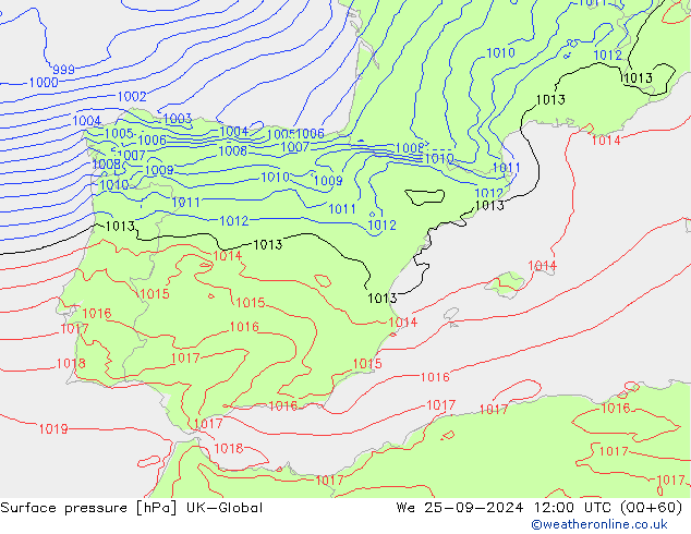 Pressione al suolo UK-Global mer 25.09.2024 12 UTC