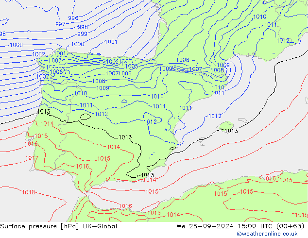 Pressione al suolo UK-Global mer 25.09.2024 15 UTC