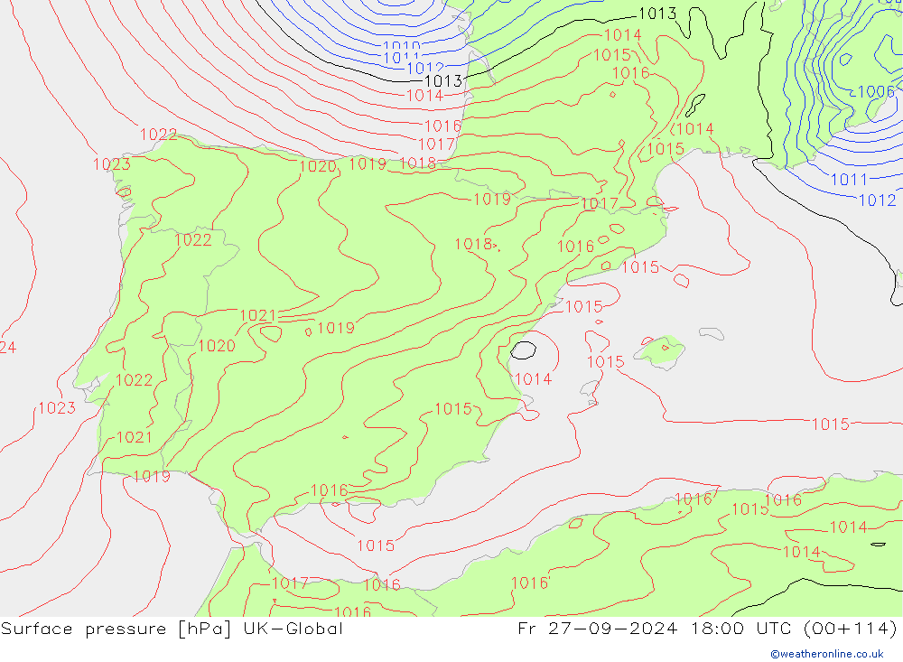 Pressione al suolo UK-Global ven 27.09.2024 18 UTC