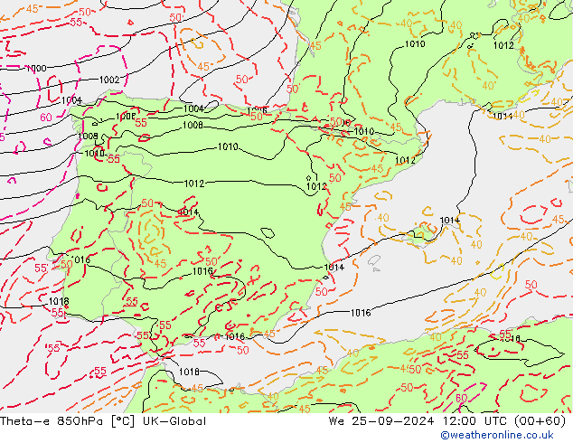 Theta-e 850hPa UK-Global mer 25.09.2024 12 UTC