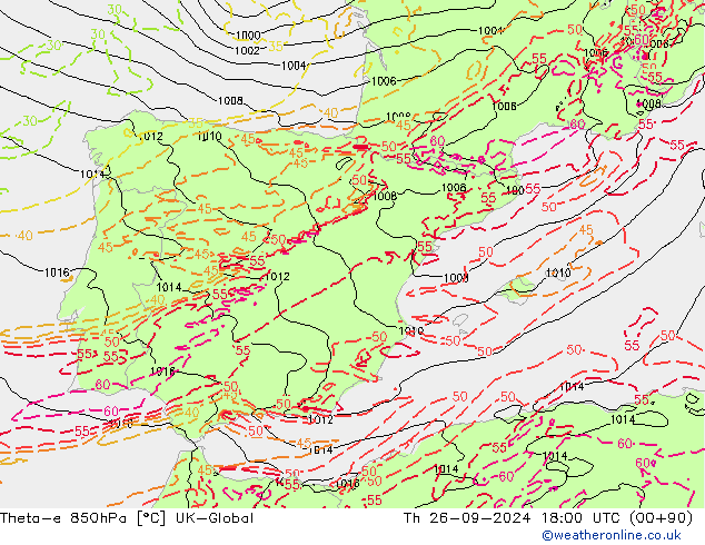 Theta-e 850hPa UK-Global Čt 26.09.2024 18 UTC