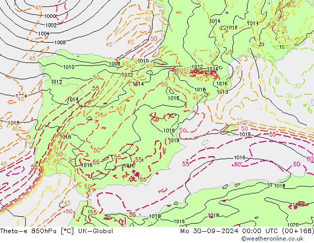 Theta-e 850hPa UK-Global Mo 30.09.2024 00 UTC