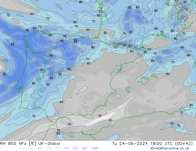 RH 850 hPa UK-Global Út 24.09.2024 18 UTC