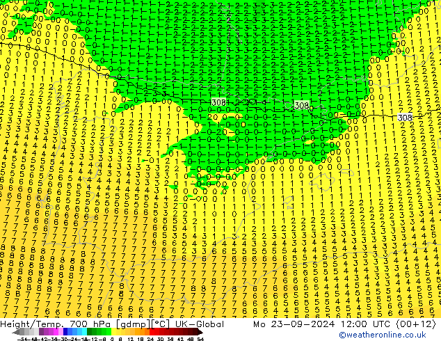 Height/Temp. 700 hPa UK-Global Mo 23.09.2024 12 UTC