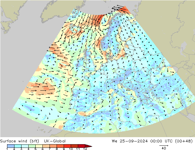 Surface wind (bft) UK-Global We 25.09.2024 00 UTC
