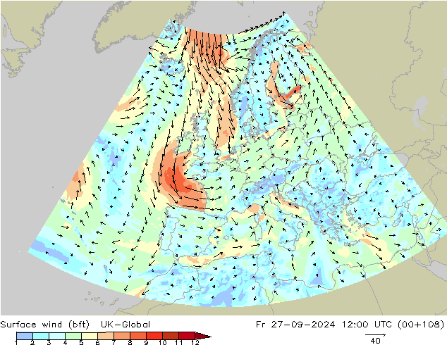 Surface wind (bft) UK-Global Fr 27.09.2024 12 UTC