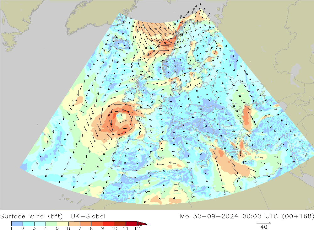Vento 10 m (bft) UK-Global Seg 30.09.2024 00 UTC