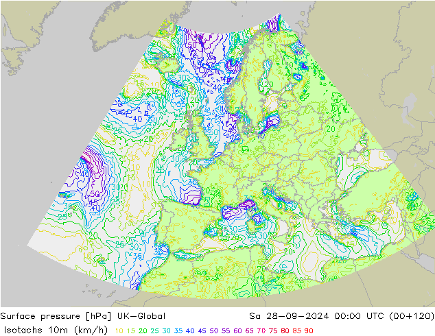 Isotachs (kph) UK-Global Sa 28.09.2024 00 UTC