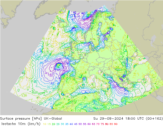 Isotachs (kph) UK-Global dom 29.09.2024 18 UTC