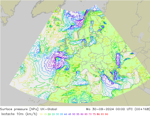 Isotachs (kph) UK-Global пн 30.09.2024 00 UTC