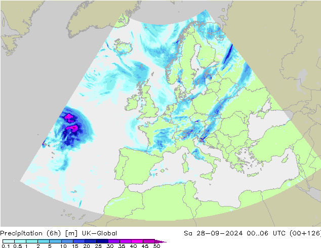 Totale neerslag (6h) UK-Global za 28.09.2024 06 UTC