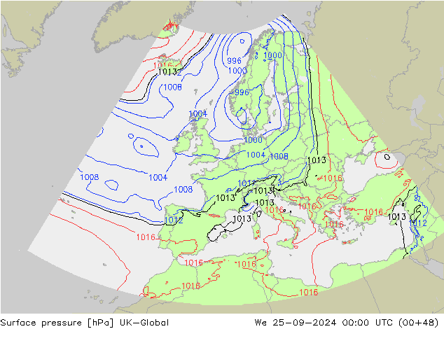 Pressione al suolo UK-Global mer 25.09.2024 00 UTC