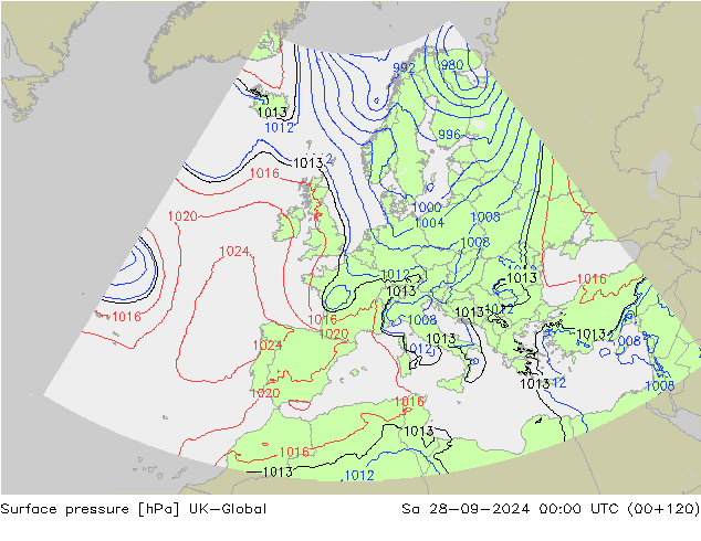 Pressione al suolo UK-Global sab 28.09.2024 00 UTC