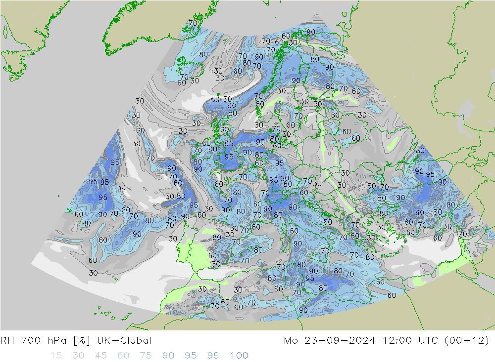 RH 700 hPa UK-Global Mo 23.09.2024 12 UTC