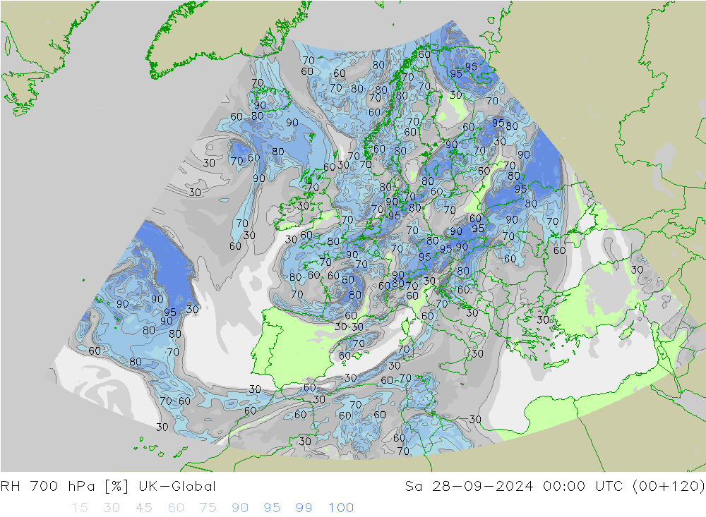 RH 700 гПа UK-Global сб 28.09.2024 00 UTC