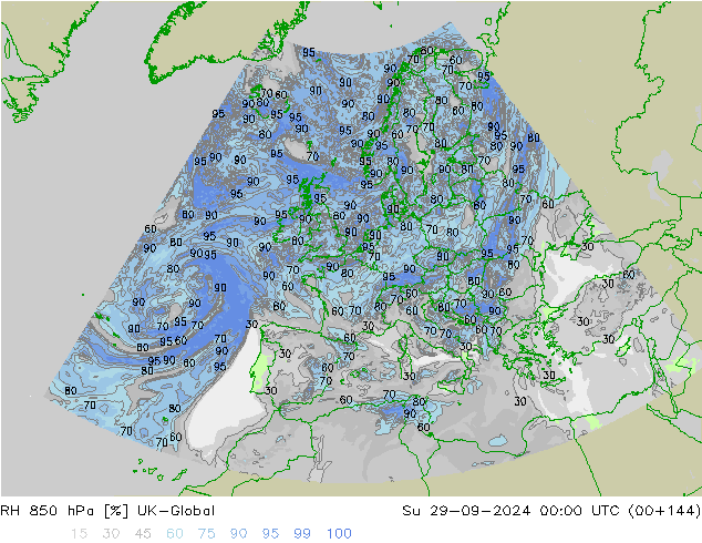RH 850 hPa UK-Global  29.09.2024 00 UTC
